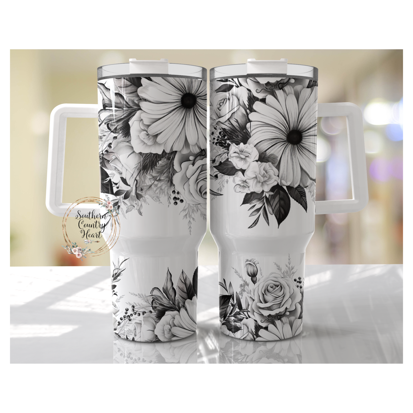 Black & White Flowers - 40oz Tumbler