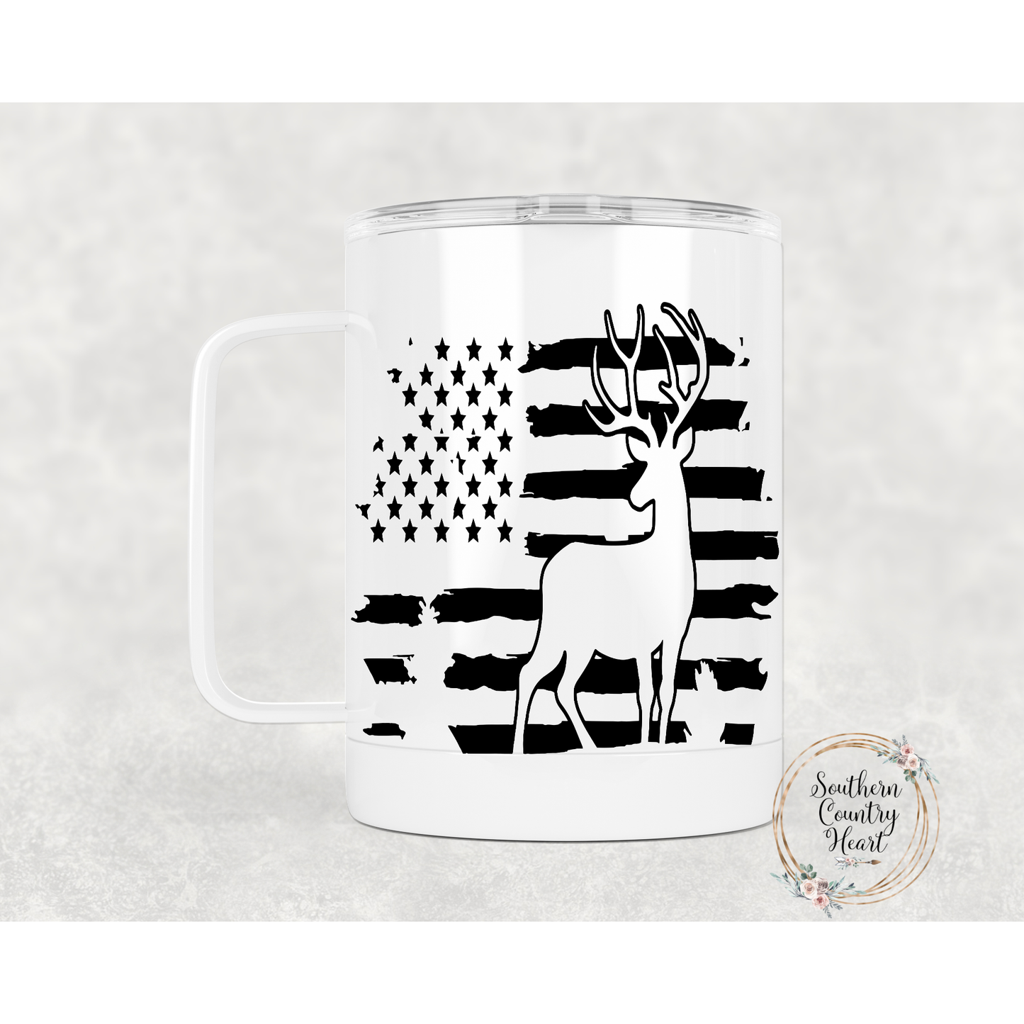 Deer on American Flag - 14oz Travel Mug w/ Lid
