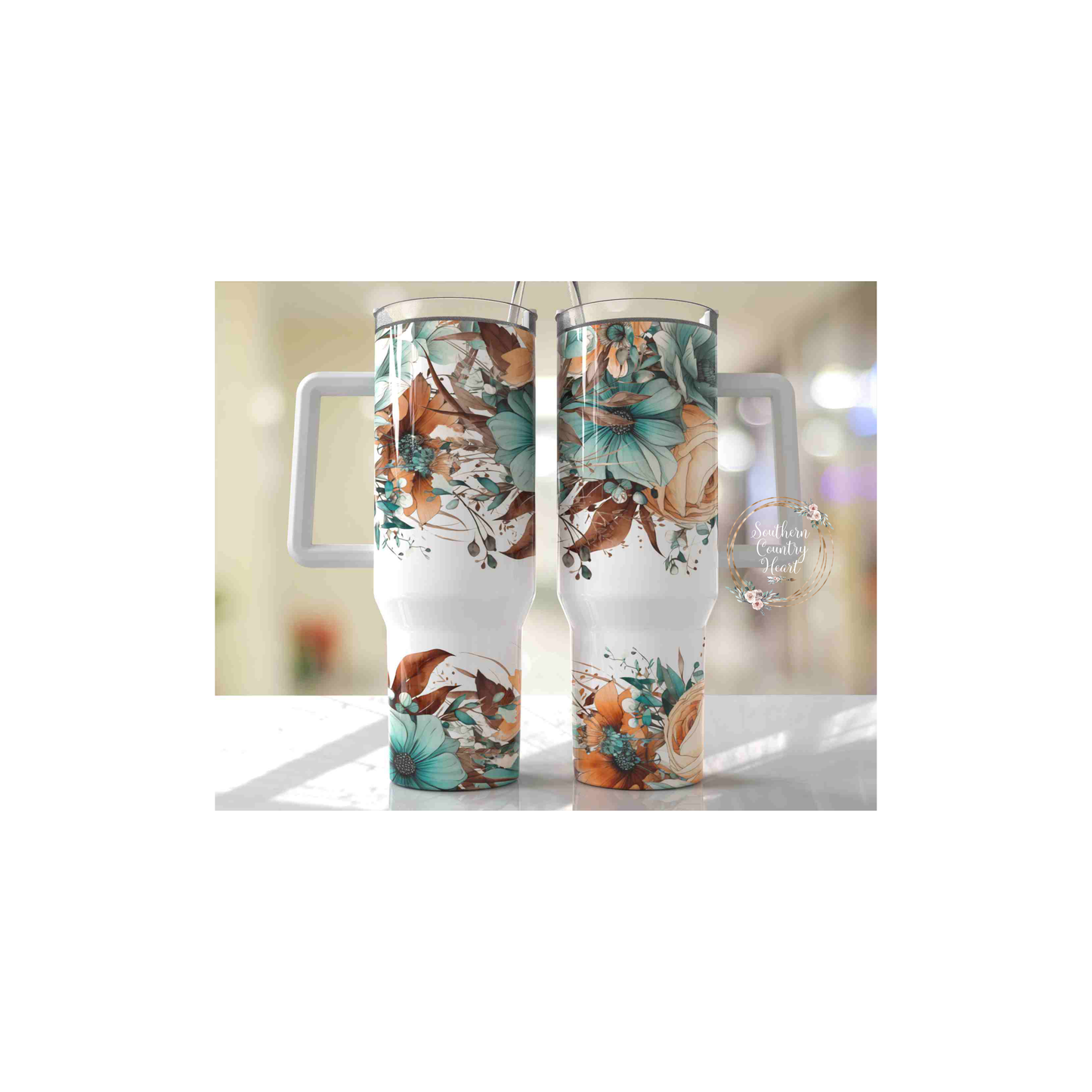 Teal Flowers - 40oz Tumbler