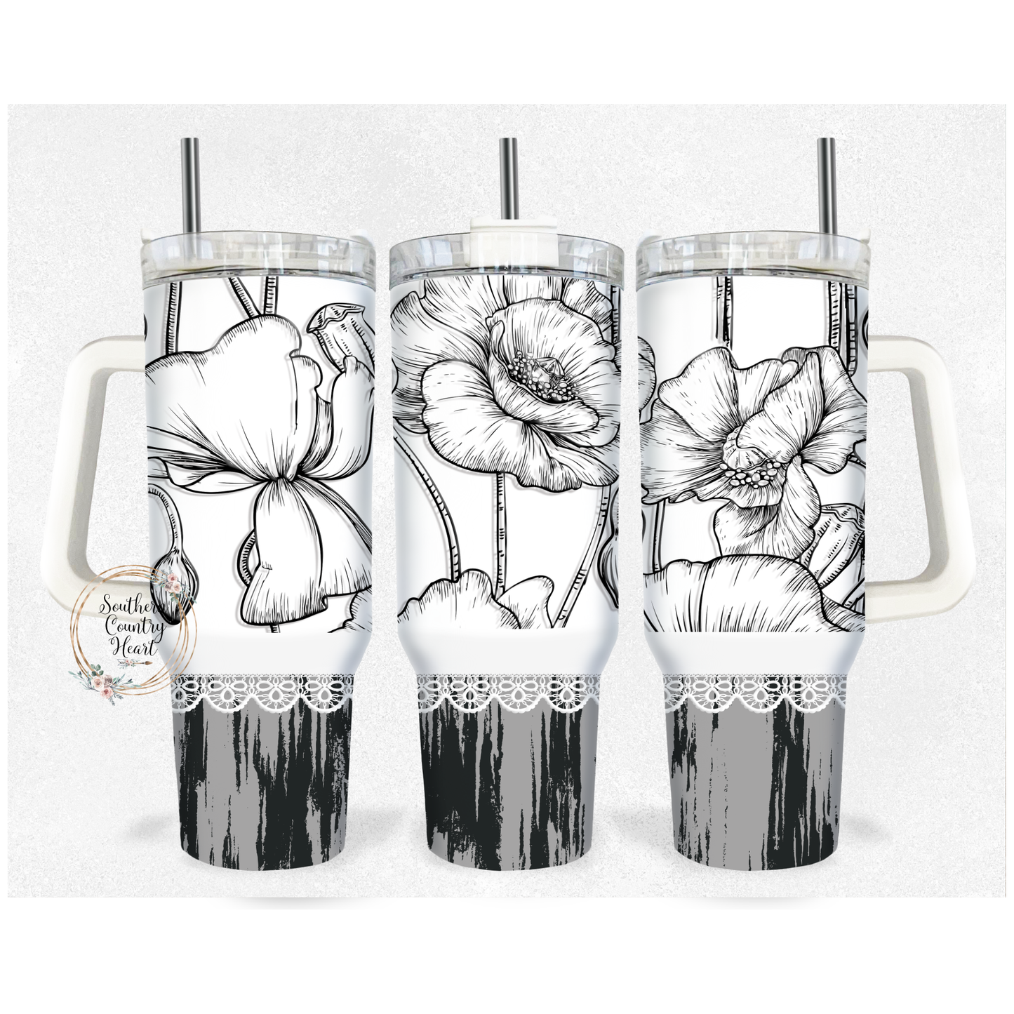 White & Black Floral - 40oz Tumbler