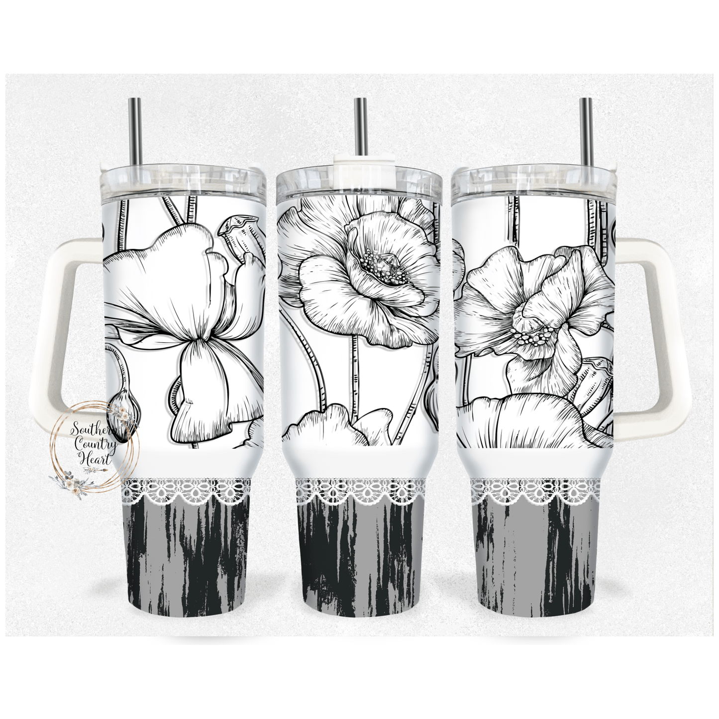 White & Black Floral - 40oz Tumbler - southerncountryheart.com
