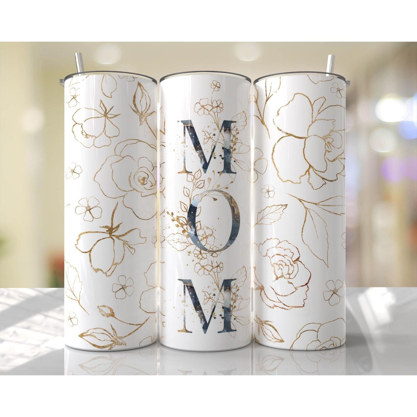 Gold Navy Mom Floral - Skinny Tumbler