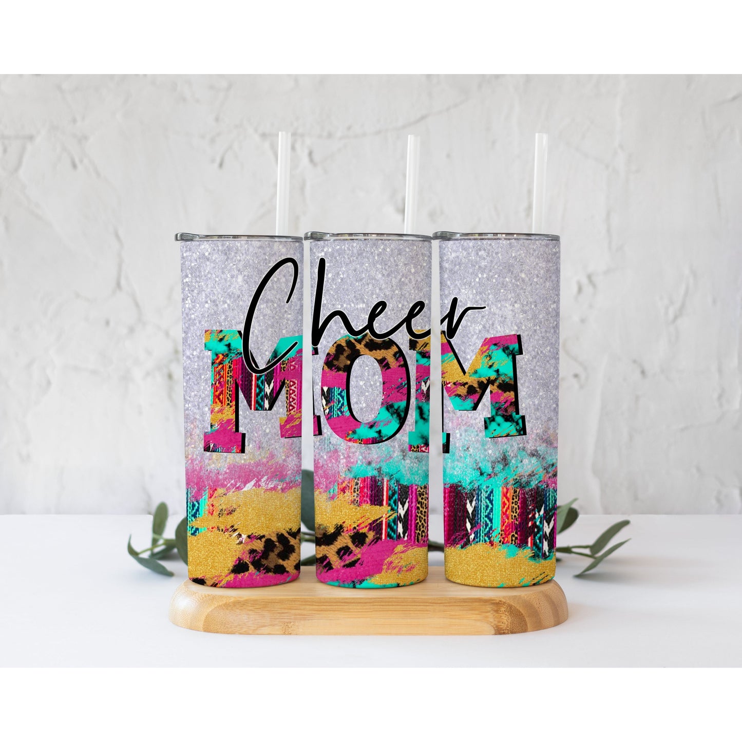 Aztec Leopard Cheer Mom Glitter - Skinny Tumbler