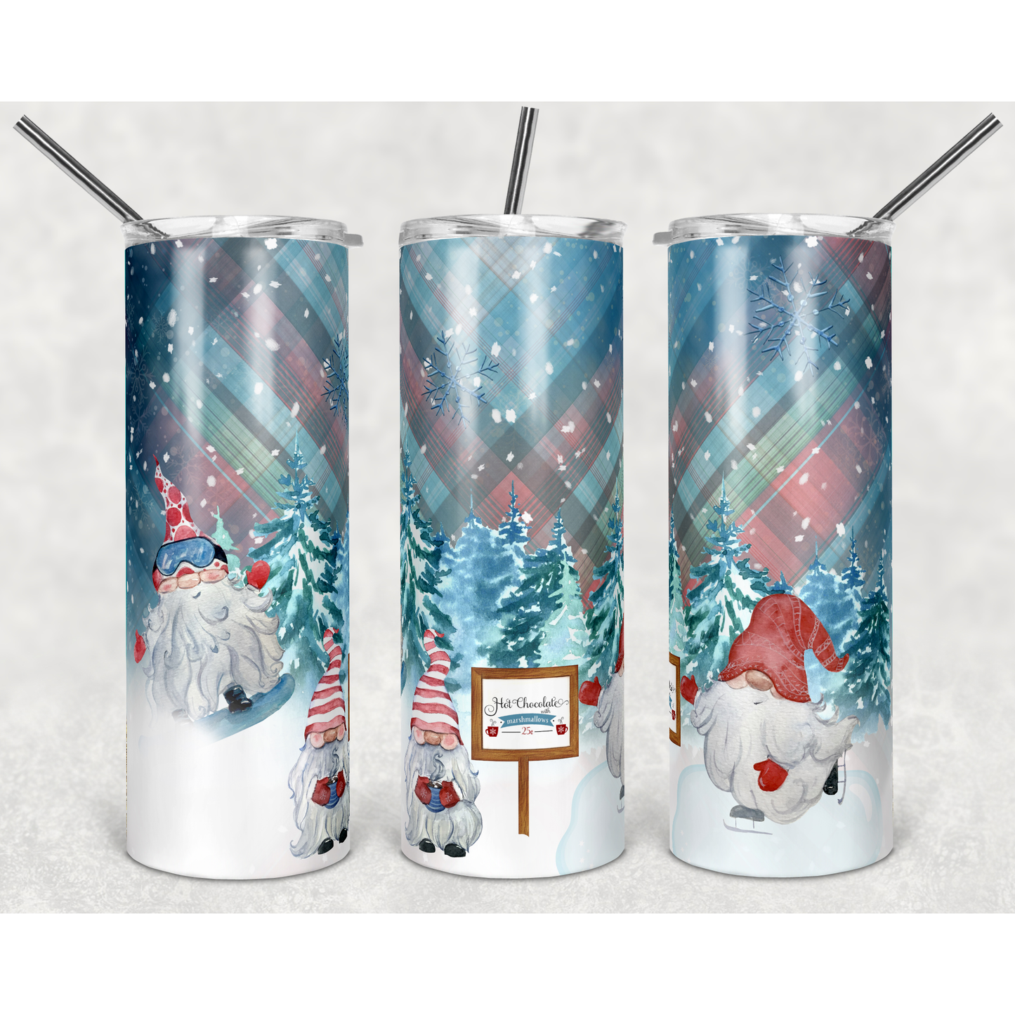 Christmas Plaid With Snowy Gnomes - Skinny Tumbler