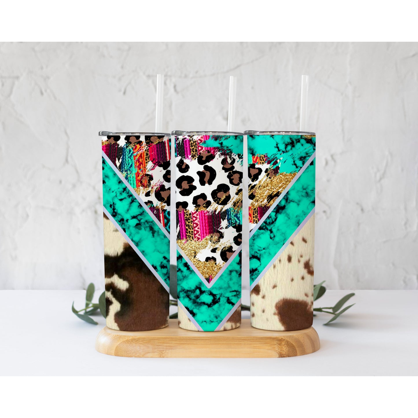 Cowhide Turquoise Serape V Split - 20 oz Skinny Tumblers w/ Lid and Straw