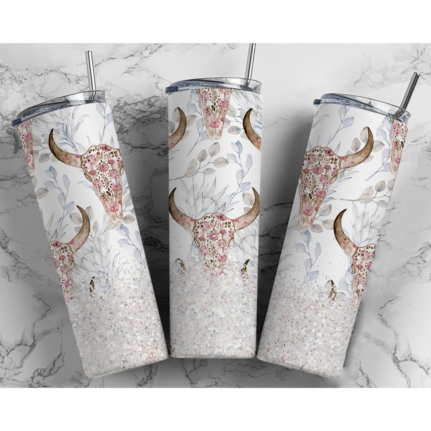 Deer head with Pink Flowers - Skinny Tumbler