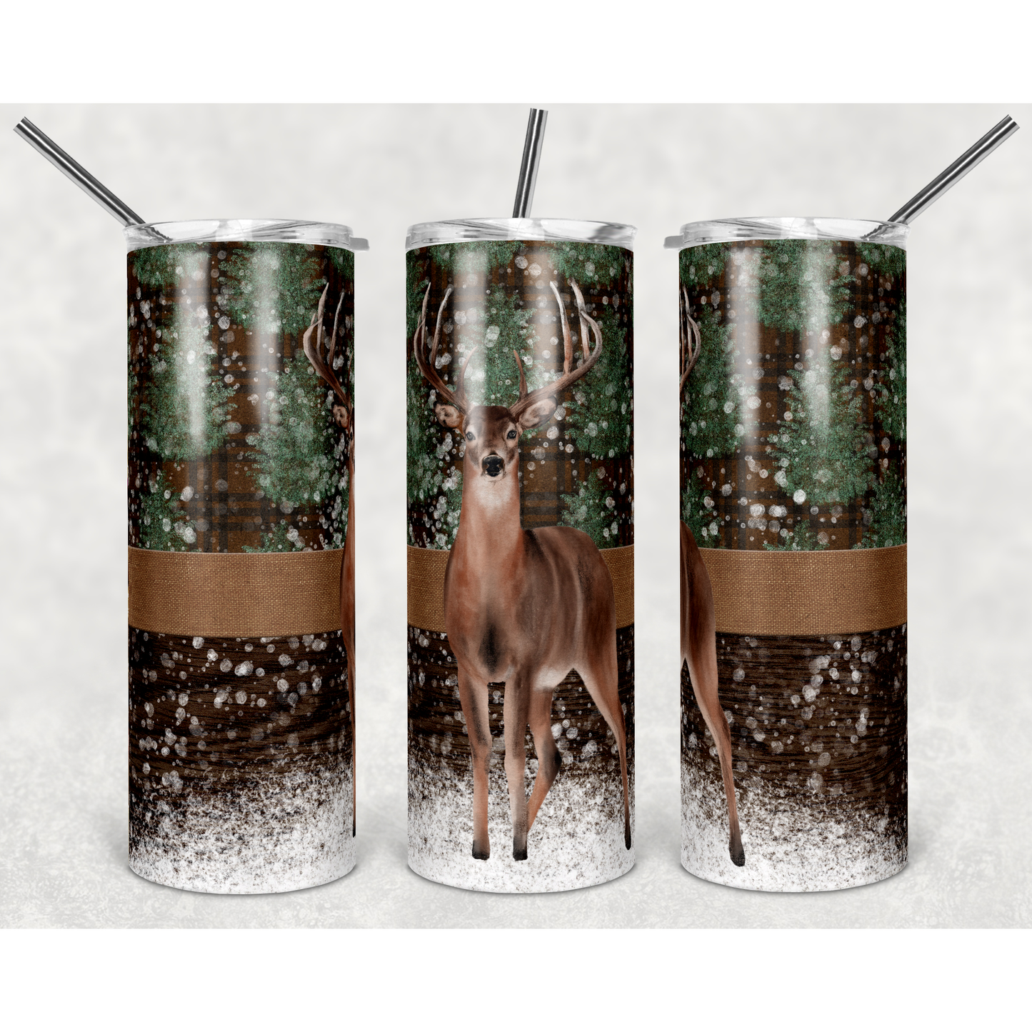 Deer Plaid and Snowy Christmas Trees - Skinny Tumbler