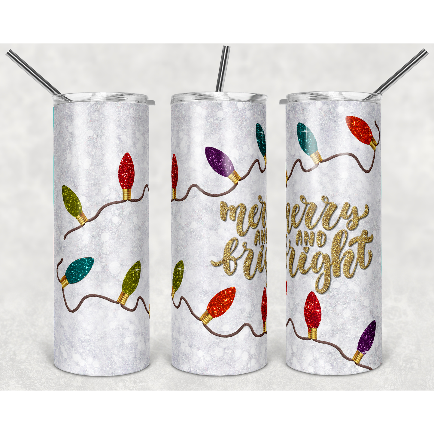 Glitter Merry and Bright on White - Skinny Tumbler