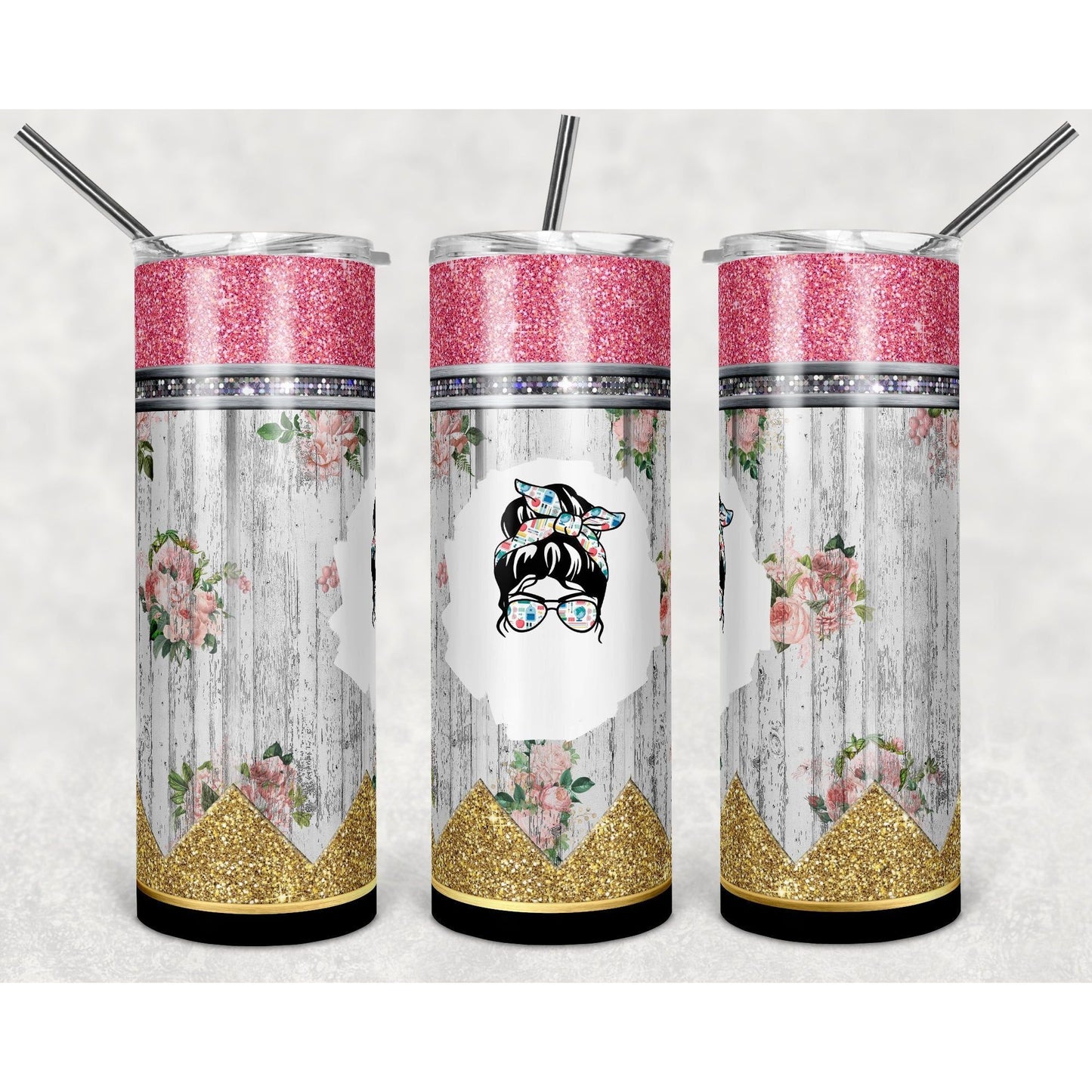 Glitter Rustic Floral Pencil Mom Life - Skinny Tumbler
