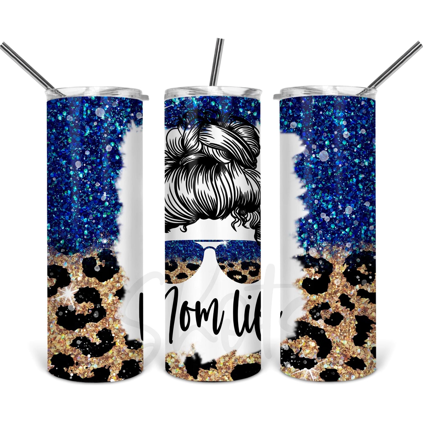 Leopard on Blue Glitter Mom Life - Skinny Tumbler