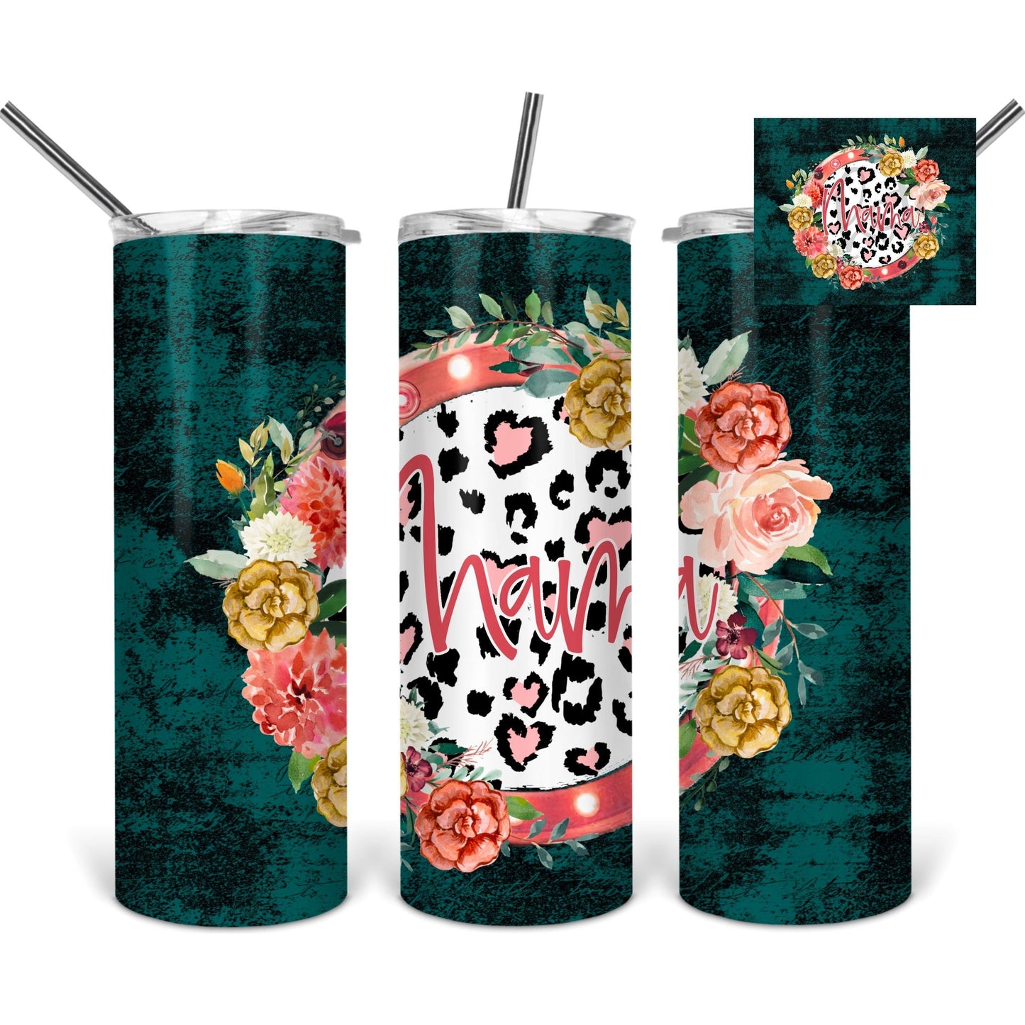 Mama Leopard Flowers on Dark Teal - Skinny Tumbler