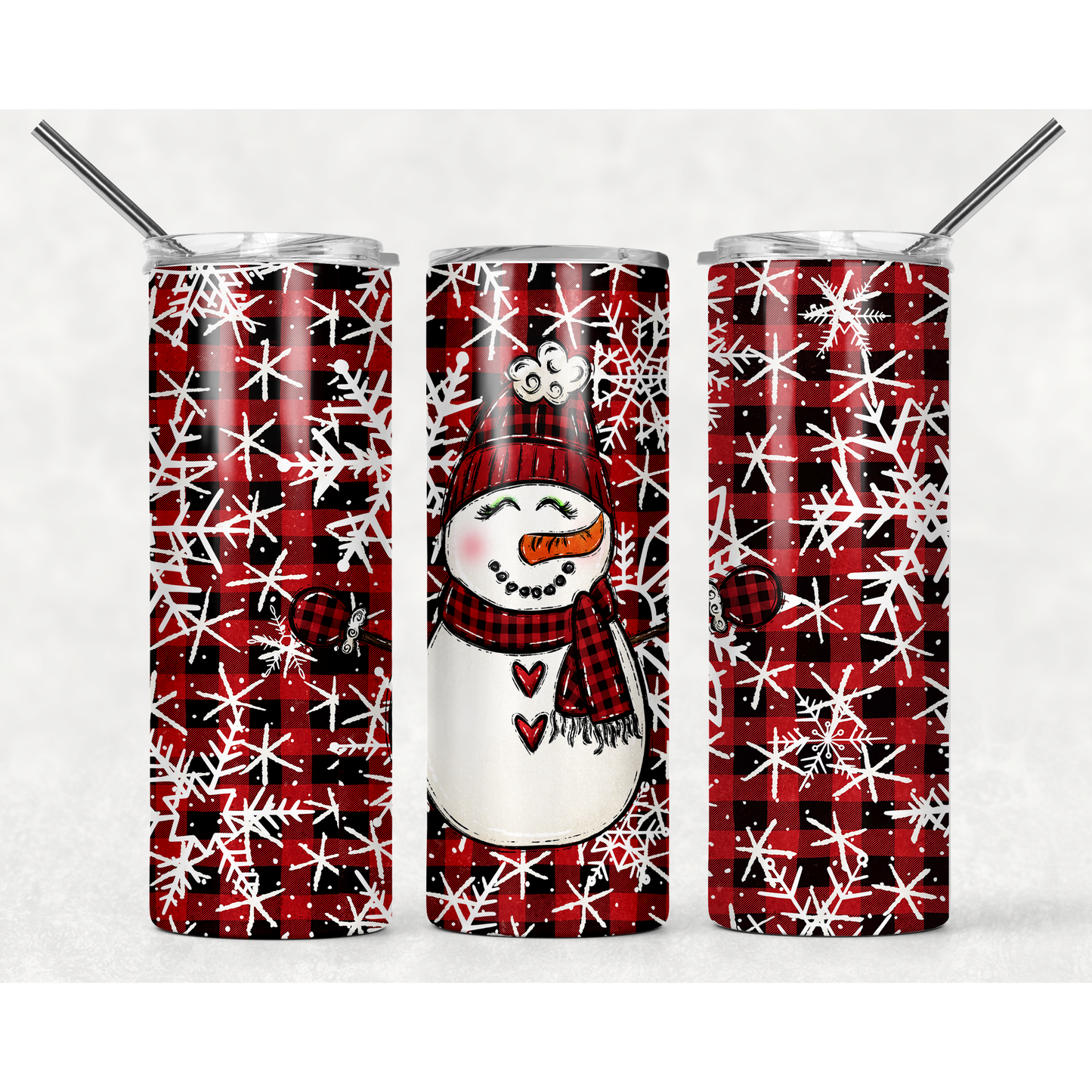 Snowman Red Buffalo Plaid Snowflakes - Skinny Tumbler