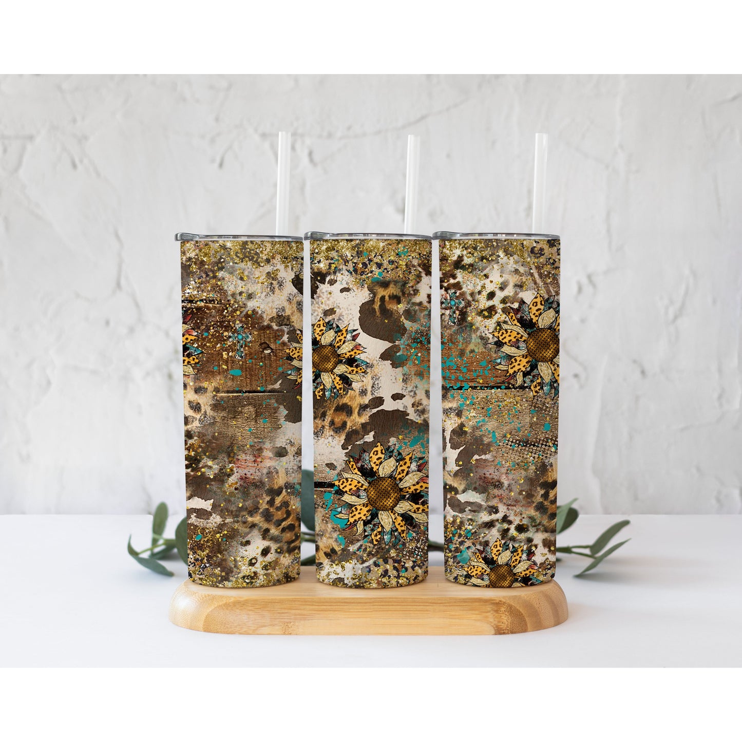 Sunflowers on Wood Cow Print - Skinny Tumbler