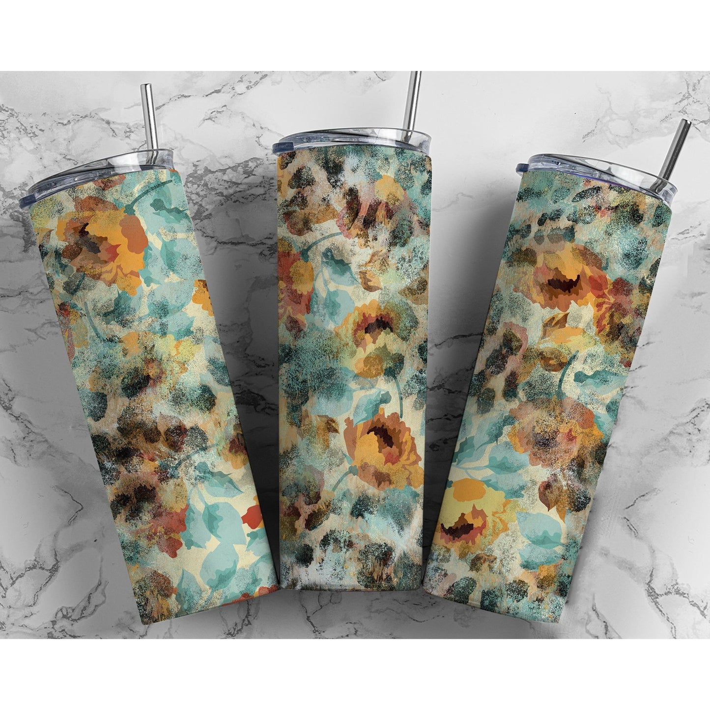 Teal Leopard Color Wash Flowers - Skinny Tumbler