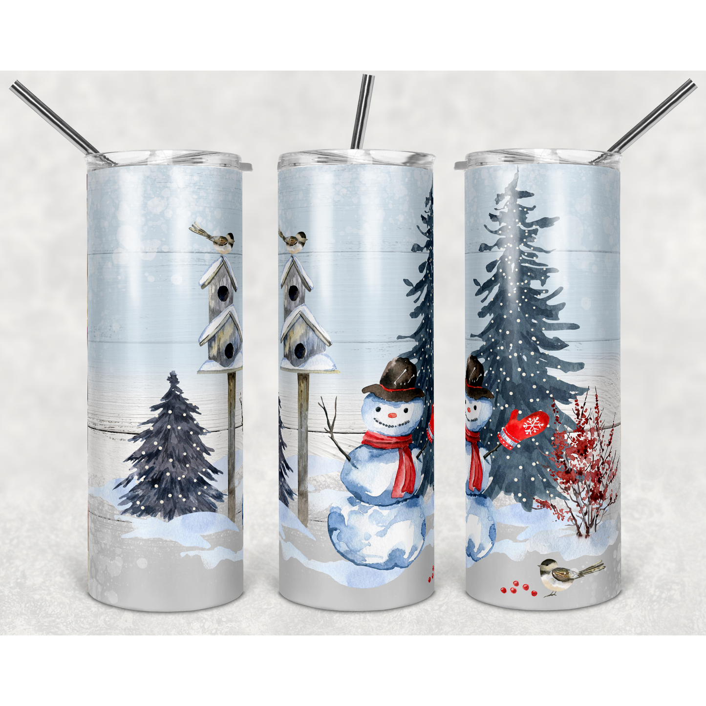 Winter Snowman and Birdhouse Scene on Wood- Skinny Tumbler