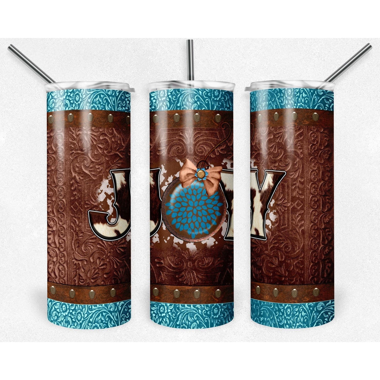 Cowboy Rust Christmas Joy Teal Western - Skinny Tumbler