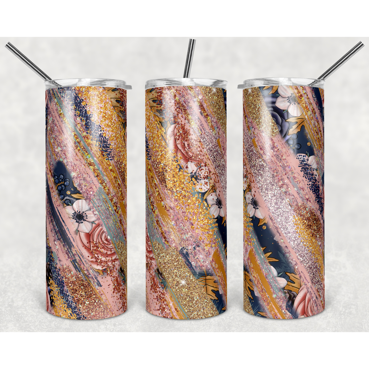 Floral Blush and Blue Milky Way - Skinny Tumbler