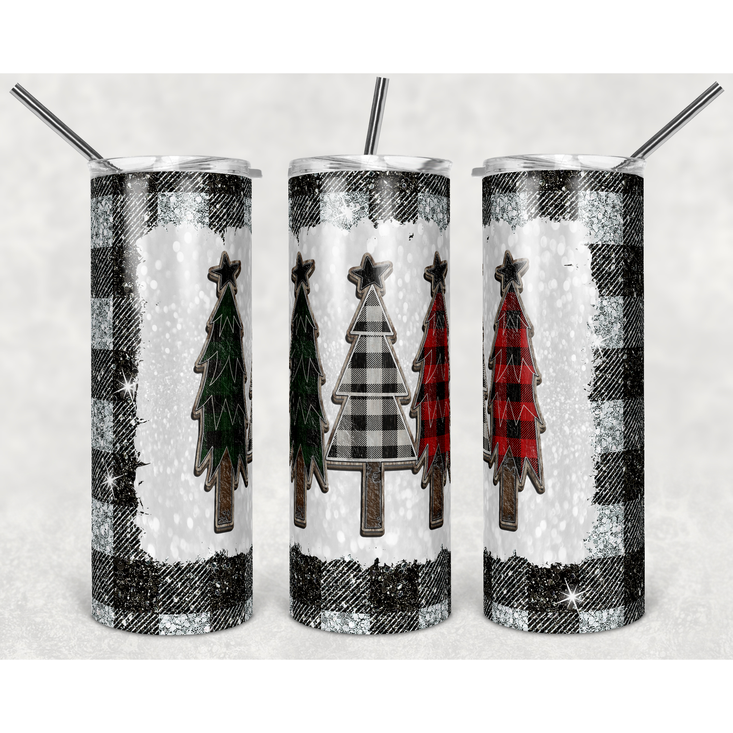 Plaid Black Silver Glitter Spot Trees- Skinny Tumbler