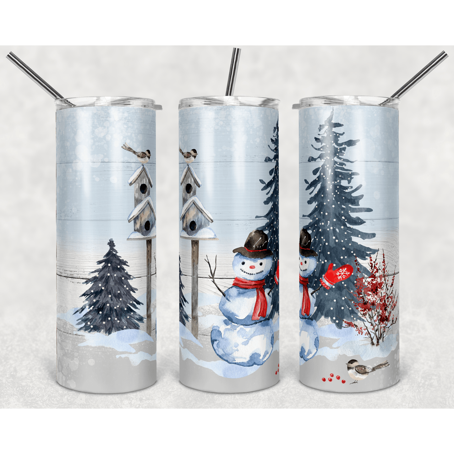 Winter Snowman and Birdhouse Scene on Wood - Skinny Tumbler - southerncountryheart.com