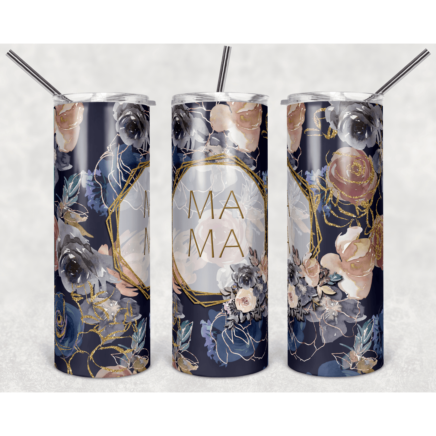 Floral Mama Blue Gold Geo - Skinny Tumbler - southerncountryheart.com