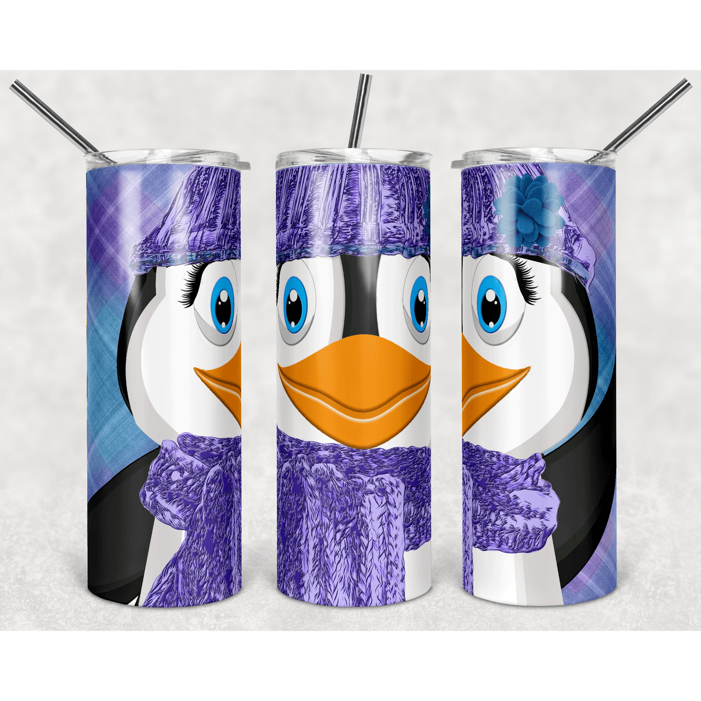 Penguin Purple Plaid - Skinny Tumbler - southerncountryheart.com