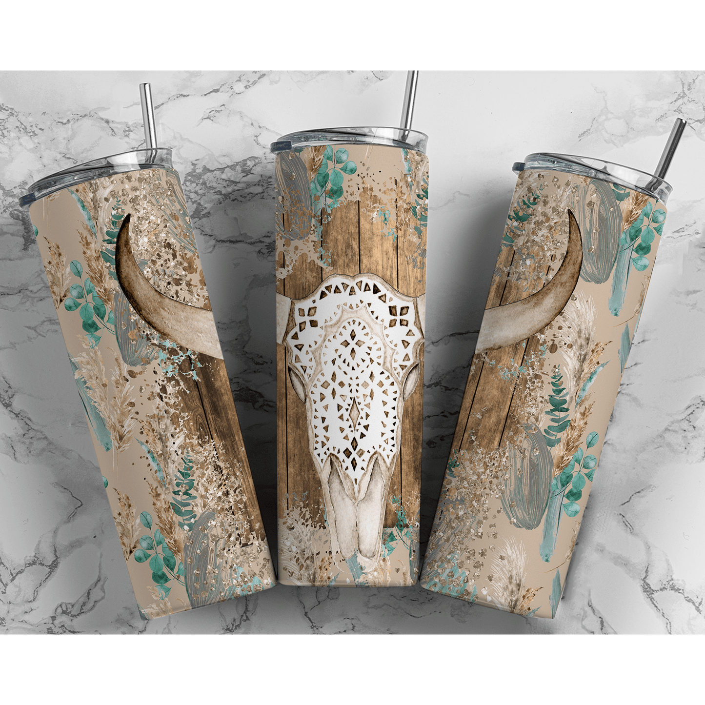 Bull Skull Teal - Skinny Tumbler - southerncountryheart.com