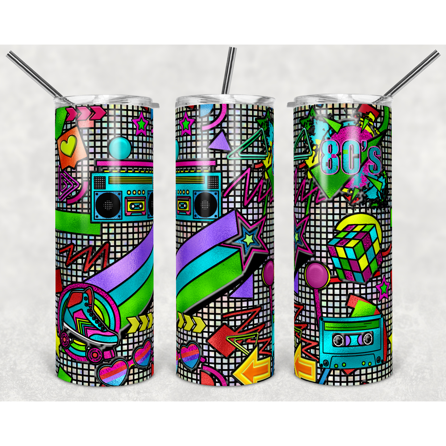 80's Stained Glass Retro - 20 oz Skinny Tumblers w/ Lid and Straw