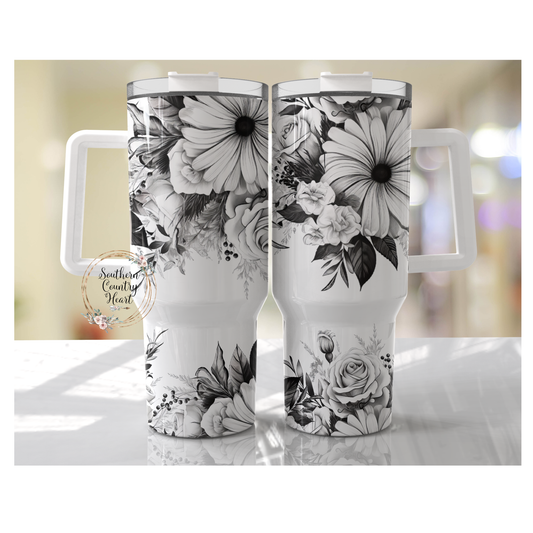 Black & White Flowers - 40oz Tumbler