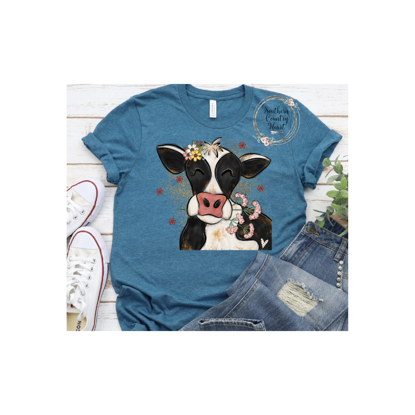 Cow with Flowers Portrait Tee-Shirt