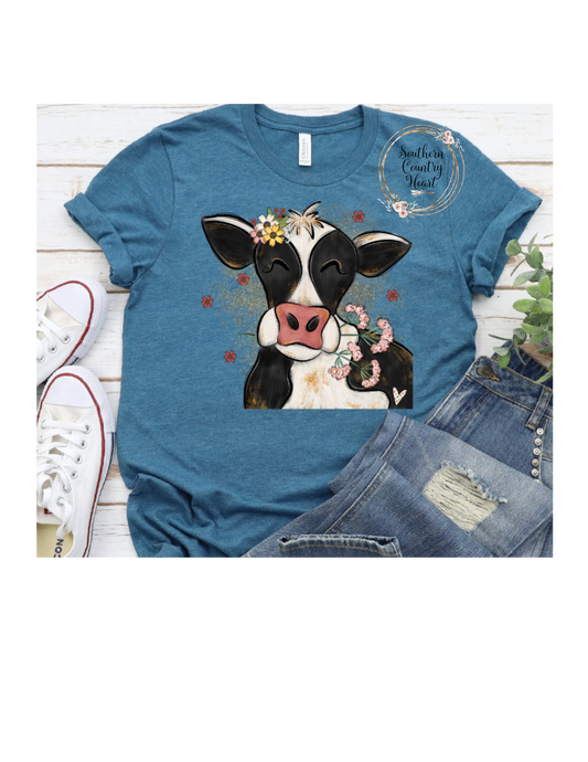 Cow with Flowers Portrait Tee-Shirt