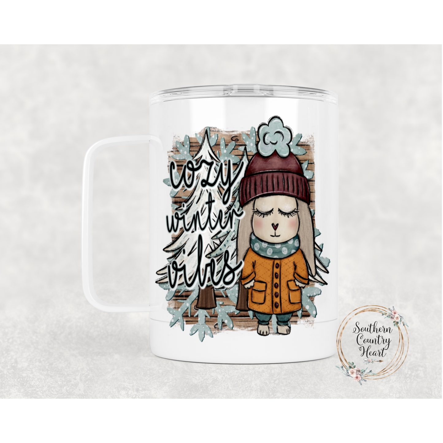 Cozy Winter Vibes Bunny - 12oz Travel Mug w/ Lid