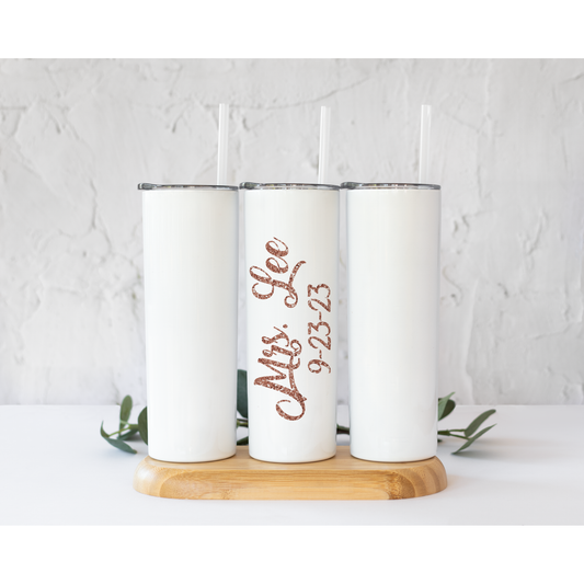 Custom Rose Gold Wedding Day- 20 oz Skinny Tumblers w/ Lid and Straw