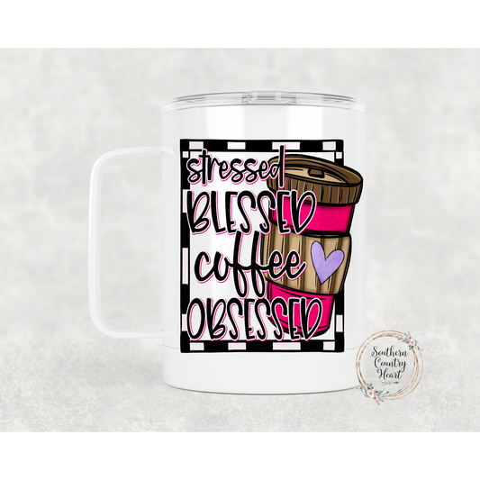 Stressed Blessed Coffee Obsessed - 12oz Travel Mug w/ Lid