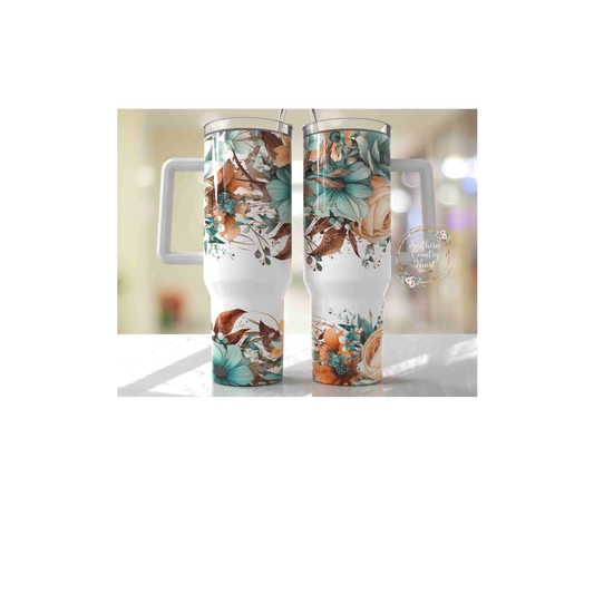 Teal Flowers - 40oz Tumbler