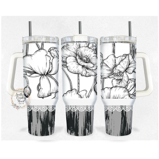 White & Black Floral - 40oz Tumbler