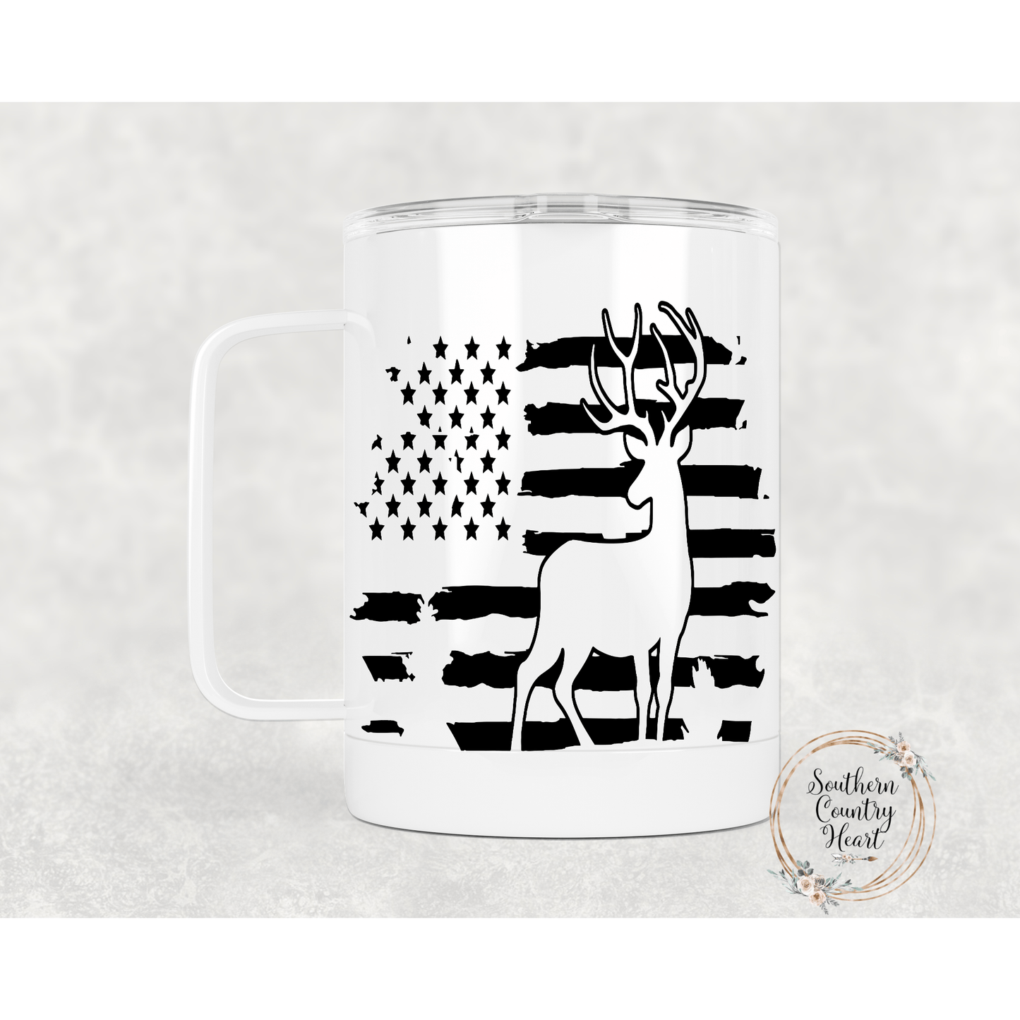 Deer on American Flag - 14oz Travel Mug w/ Lid - southerncountryheart.com