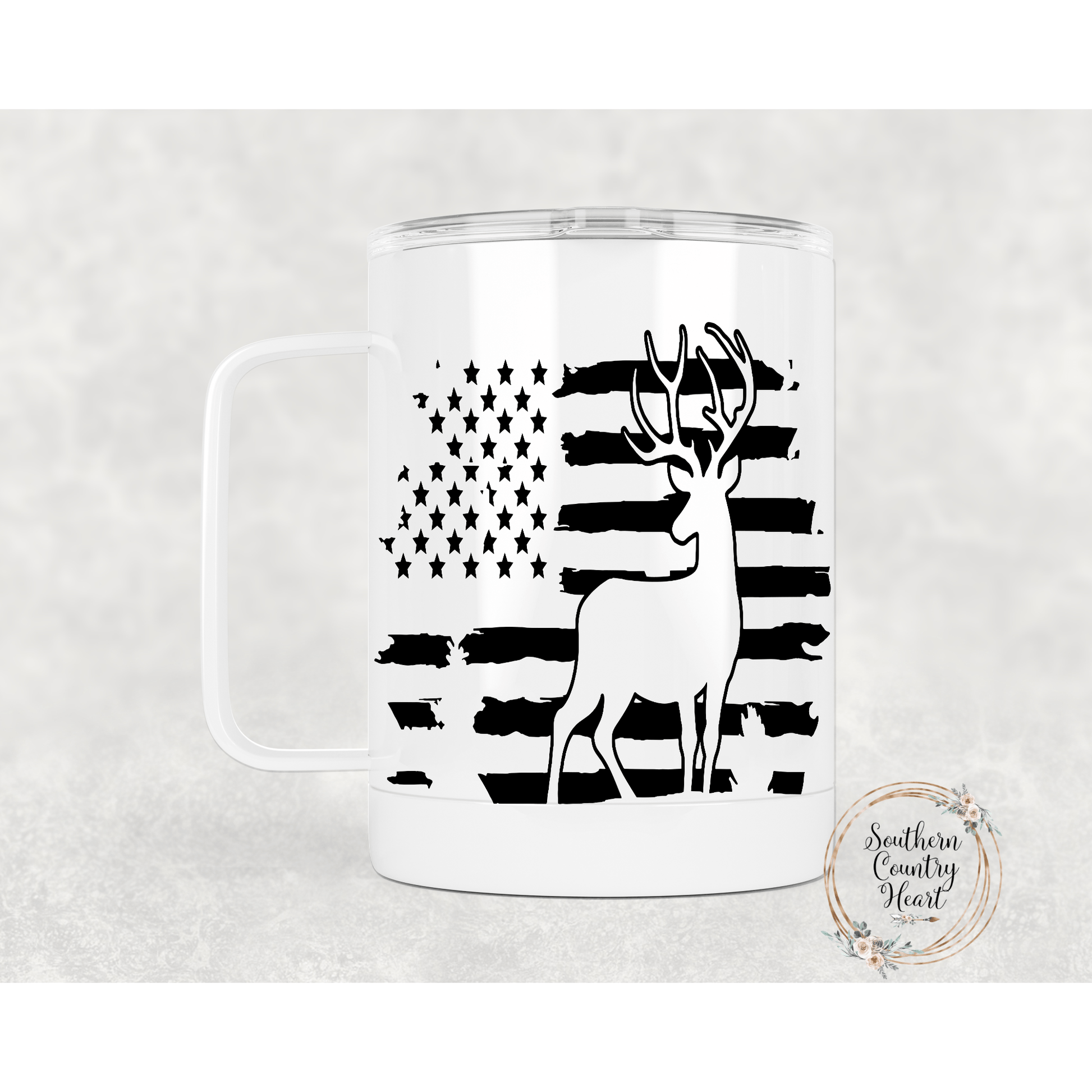 Deer on American Flag - 14oz Travel Mug w/ Lid - southerncountryheart.com