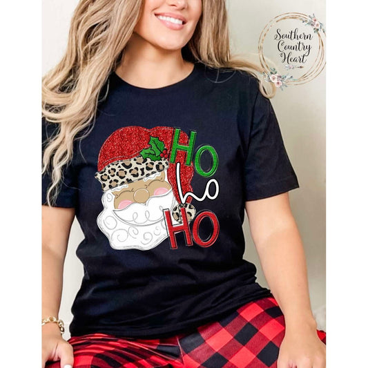 Santa HO HO HO Glitter Tee - Shirt - southerncountryheart.com