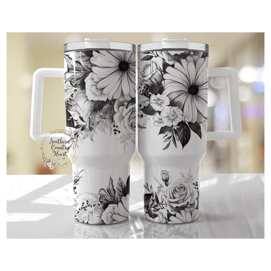 Black & White Flowers - 40oz Tumbler - southerncountryheart.com