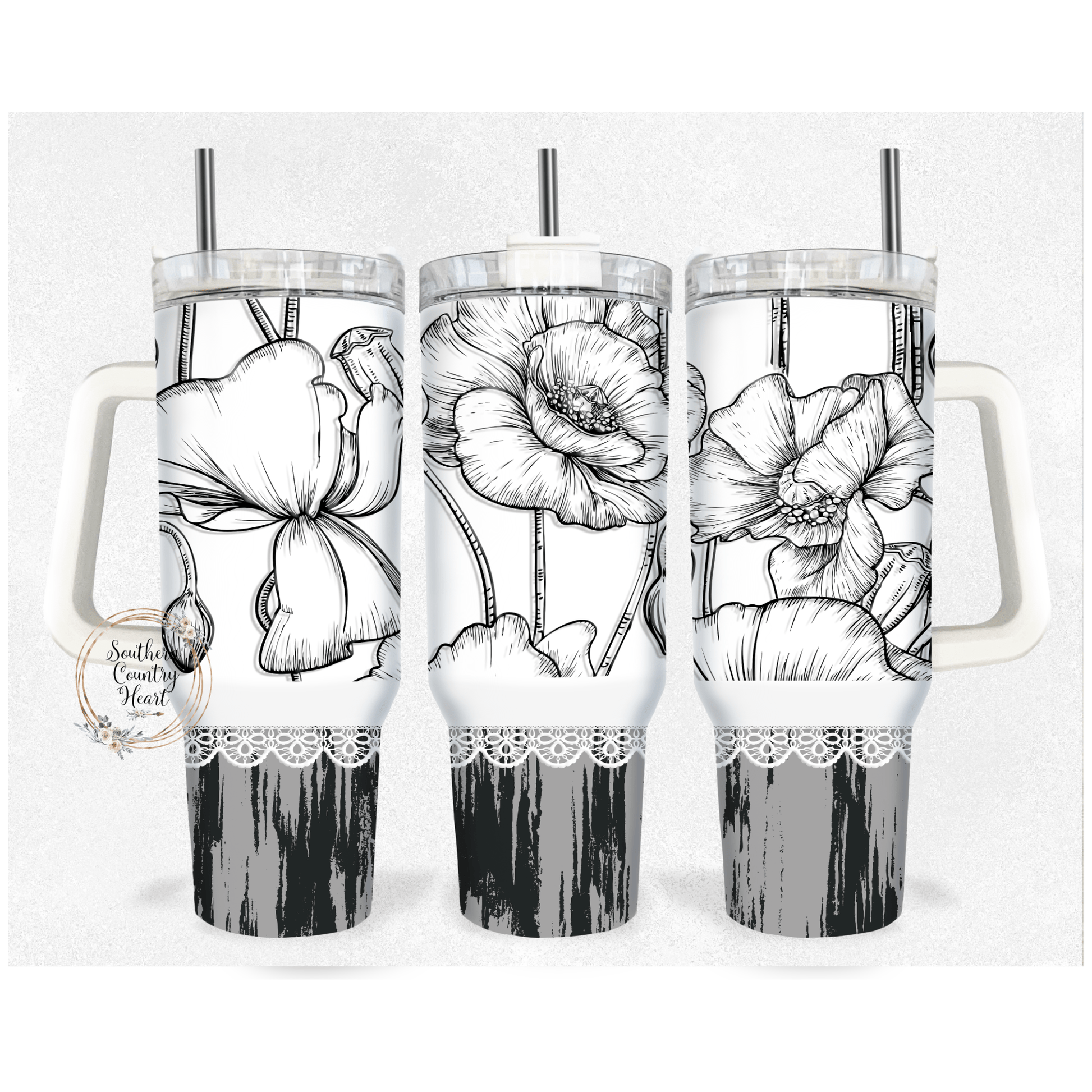 White & Black Floral - 40oz Tumbler - southerncountryheart.com