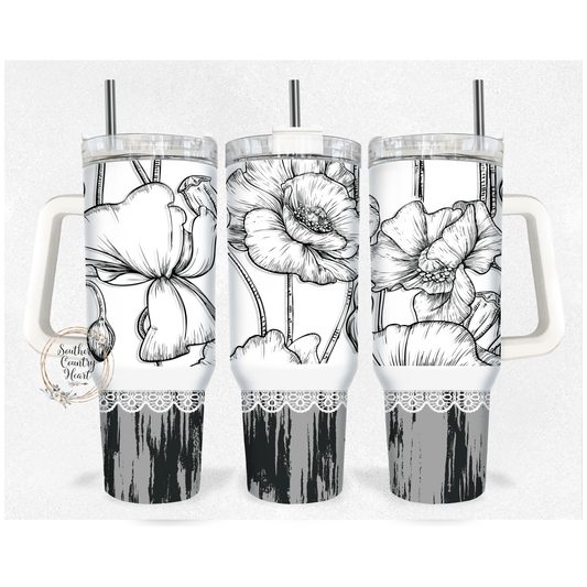 White & Black Floral - 40oz Tumbler - southerncountryheart.com
