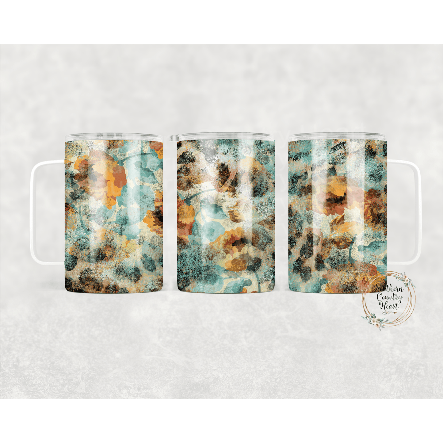 Teal Leopard Colorwash Flowers - 16 oz Travel Mug w/ Lid - southerncountryheart.com