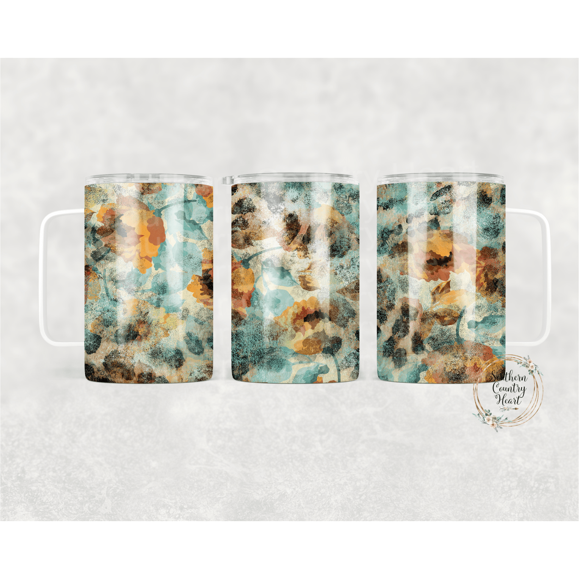 Teal Leopard Colorwash Flowers - 16 oz Travel Mug w/ Lid - southerncountryheart.com
