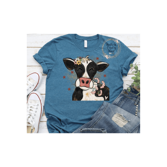 Cow with Flowers Portrait Tee - Shirt - southerncountryheart.com