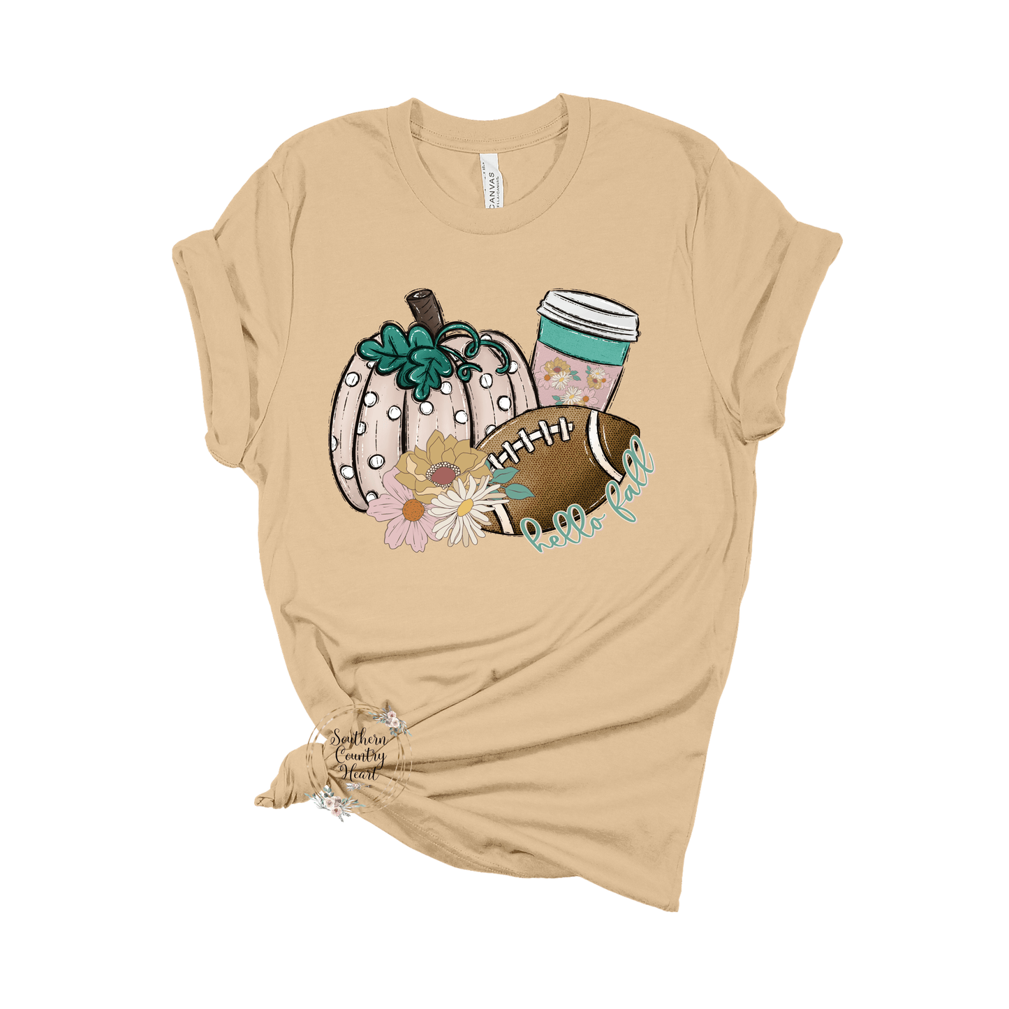 Hello Fall & Football Flowers Tee - Shirt - southerncountryheart.com