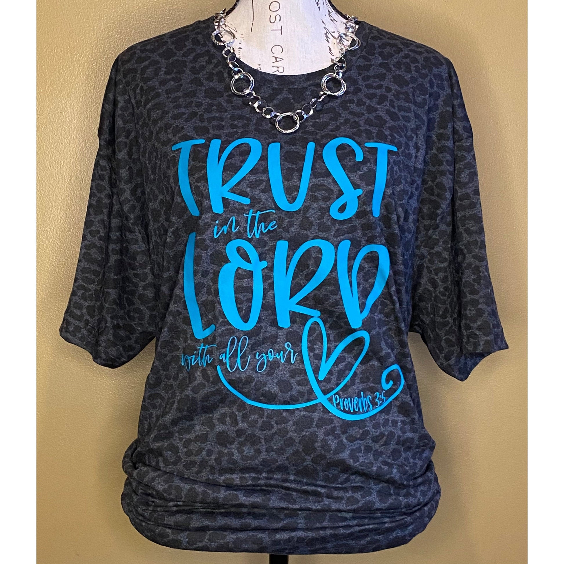 Trust In The Lord in Teal on Leopard Print Tee - Shirt - southerncountryheart.com