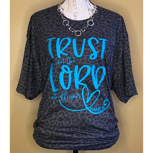 Trust In The Lord in Teal on Leopard Print Tee - Shirt - southerncountryheart.com