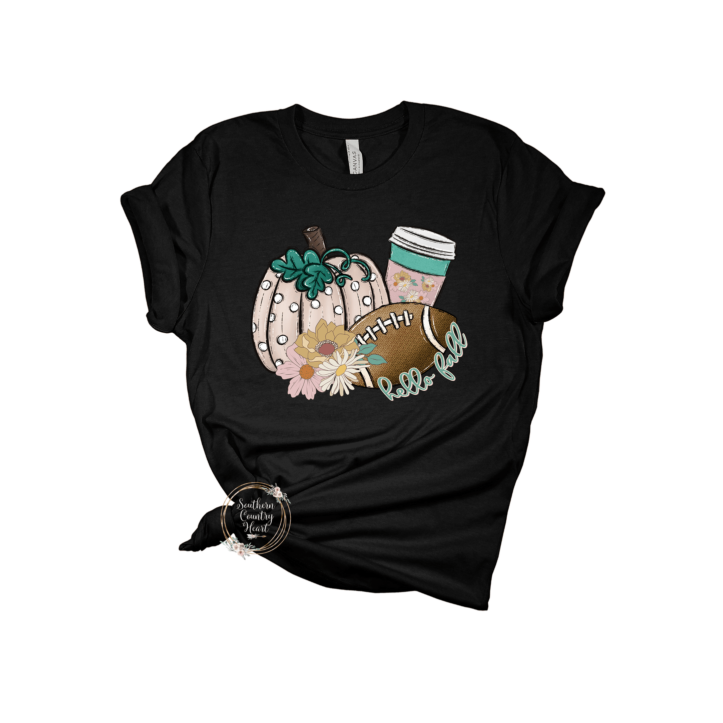 Hello Fall & Football Flowers Tee - Shirt - southerncountryheart.com