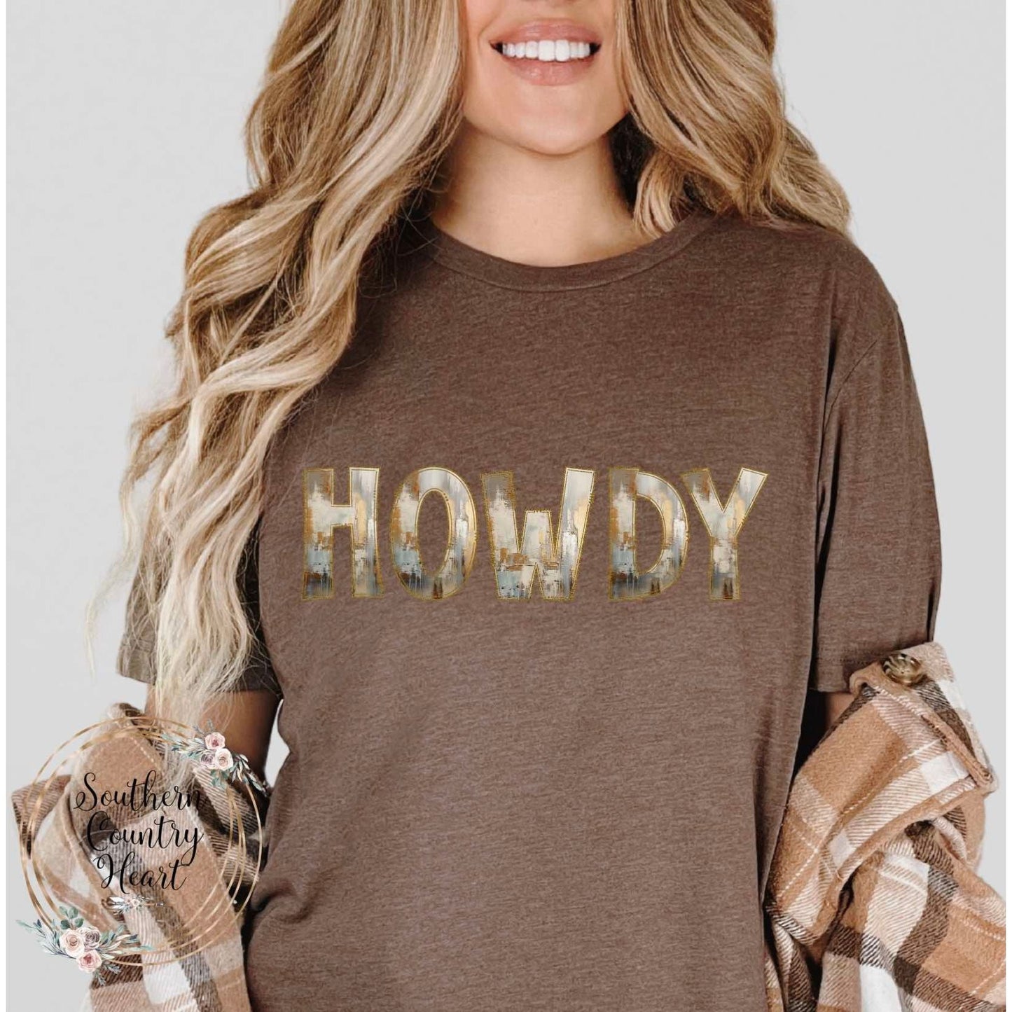 Rustic Painted Neutral Howdy Tee - Shirt - southerncountryheart.com