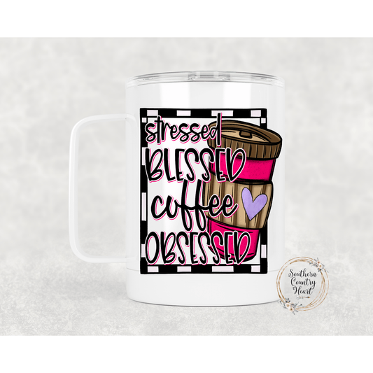 Stressed Blessed Coffee Obsessed - 14oz Travel Mug w/ Lid - southerncountryheart.com